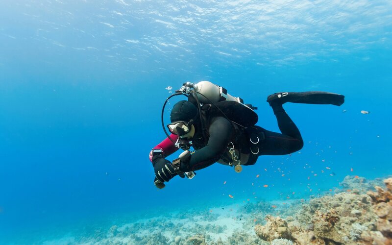 Scuba Diver Underwater — Blue, Serene, Afternoon, Photograph, Coral Reef