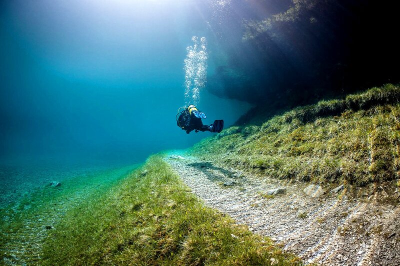 Scuba Diver Underwater — Blue, Serene, Photograph, Bubbles, Grass