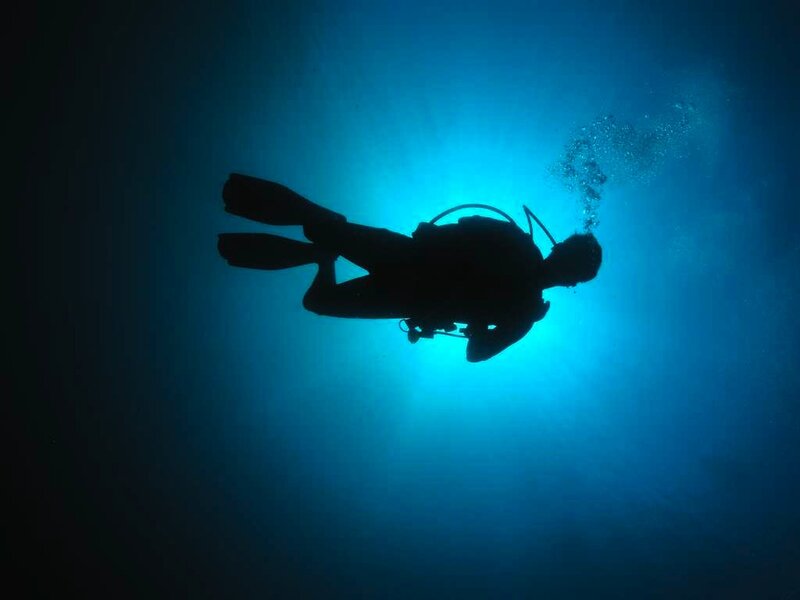 Scuba Diver Underwater — Blue, Serene, Photograph, Bubbles