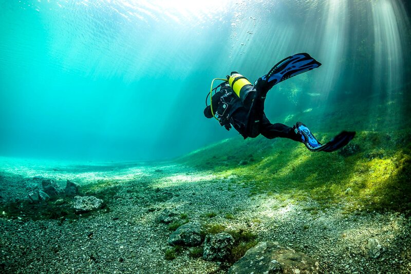 Scuba Diver Underwater — Blue, Serene, Photograph, Fins