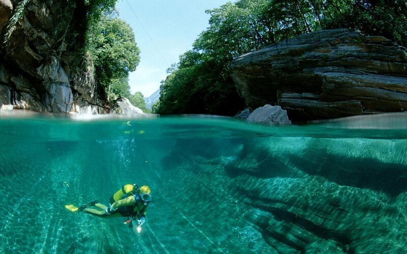 Scuba Diver Underwater — Green, Serene, Afternoon