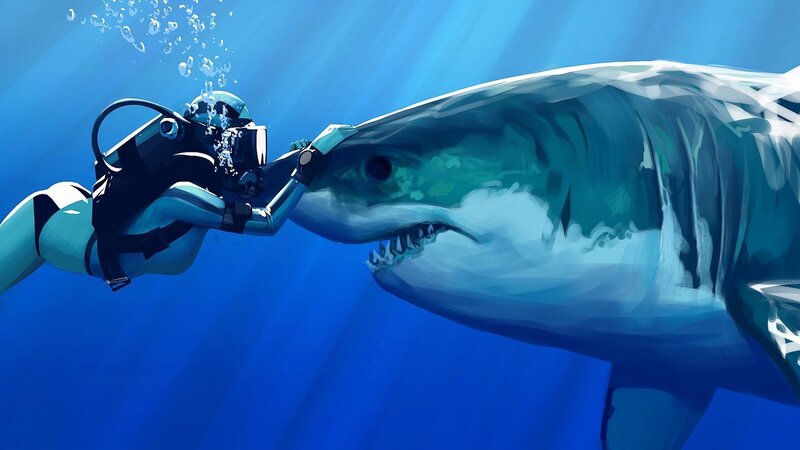 Scuba Diver with Shark — Blue, Dramatic, Digital Art