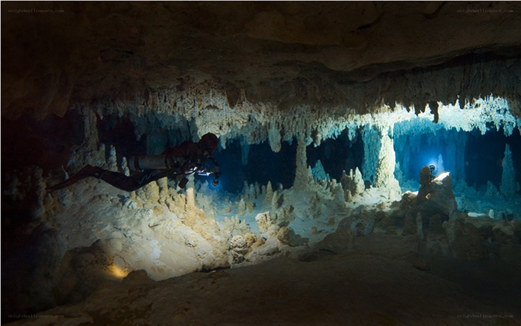 Scuba diving in underwater cave