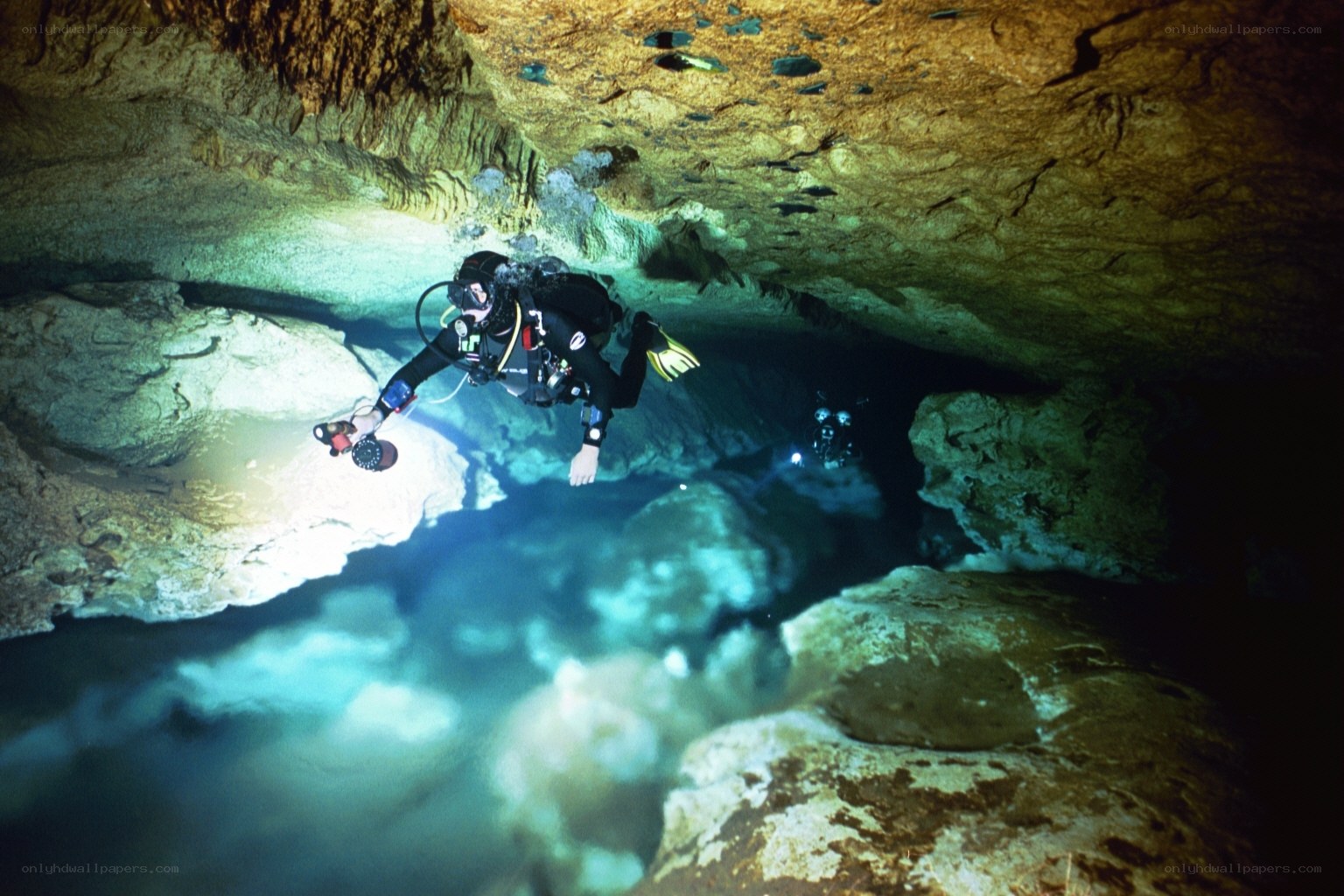 Scuba diving in underwater cave