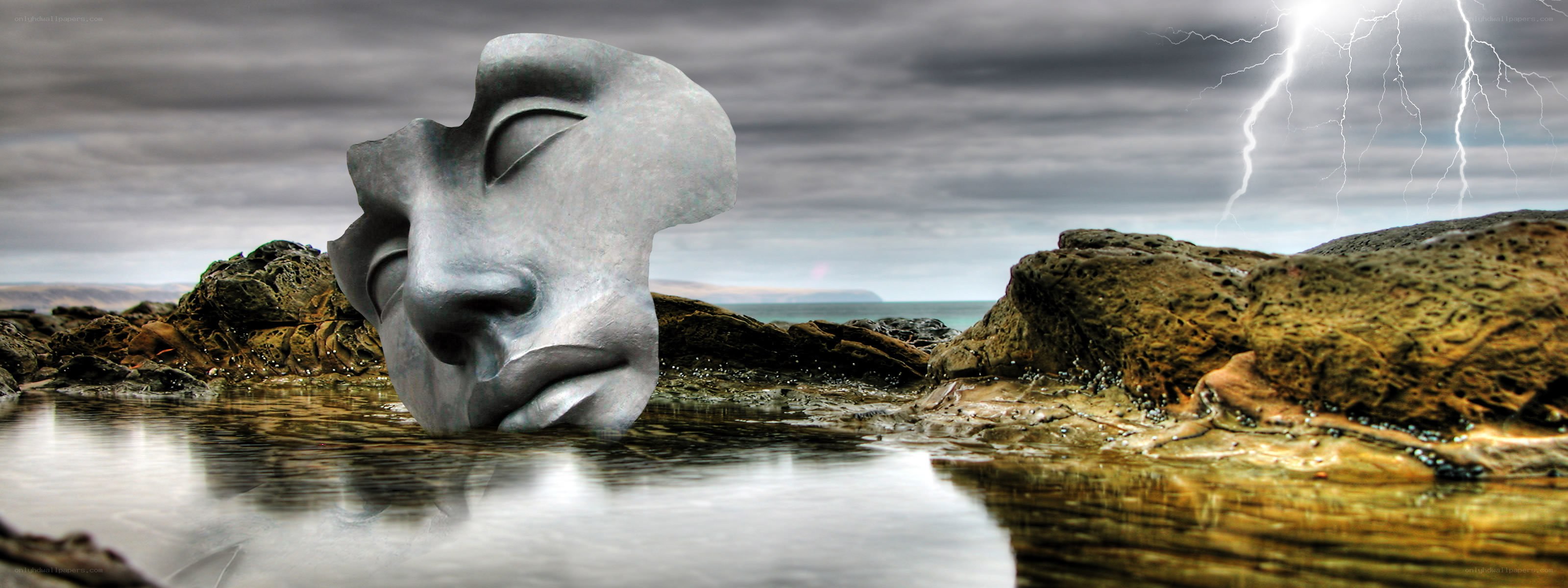 Sculpted face on stormy shore