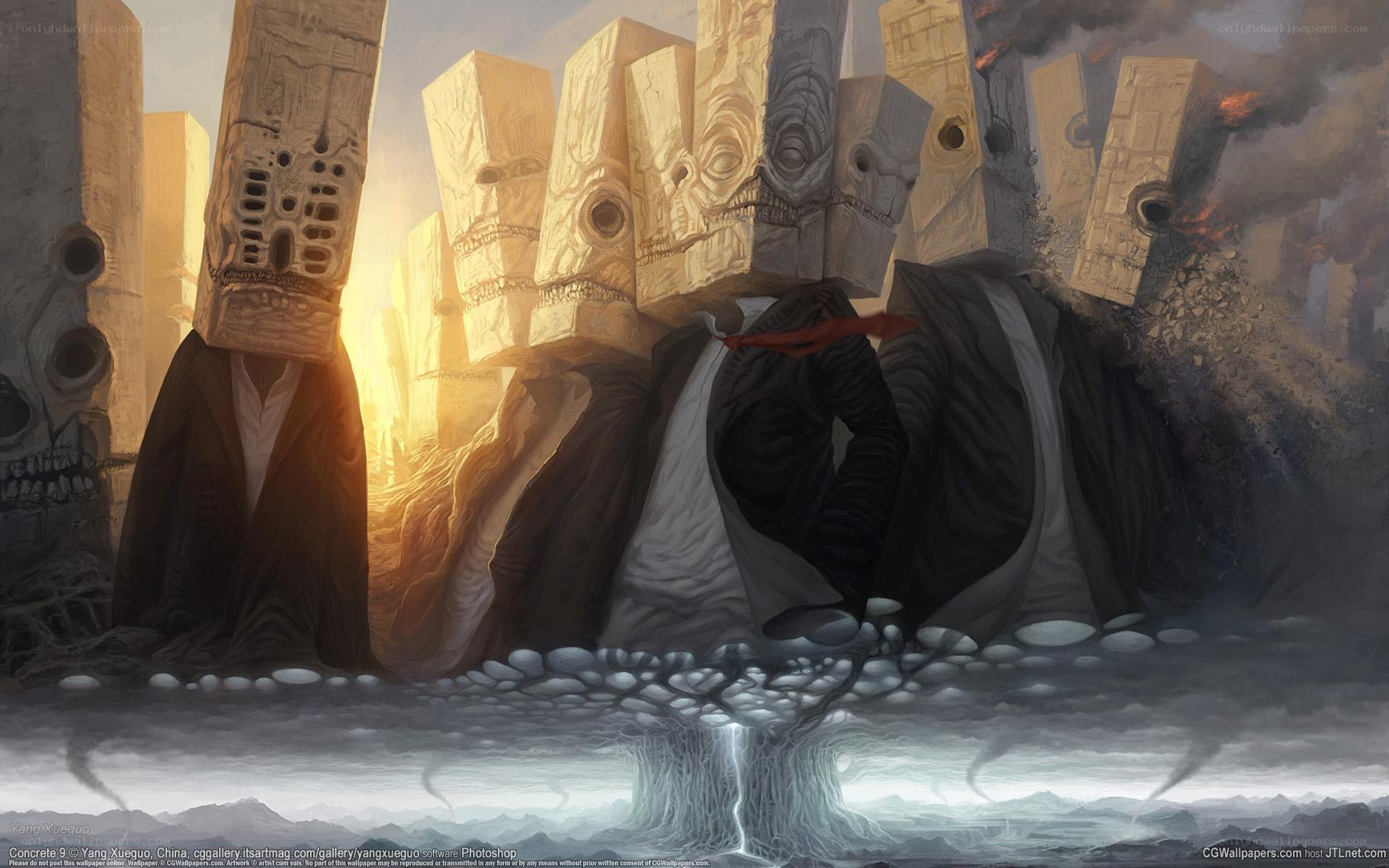 Sculpted figures in a desolate landscape