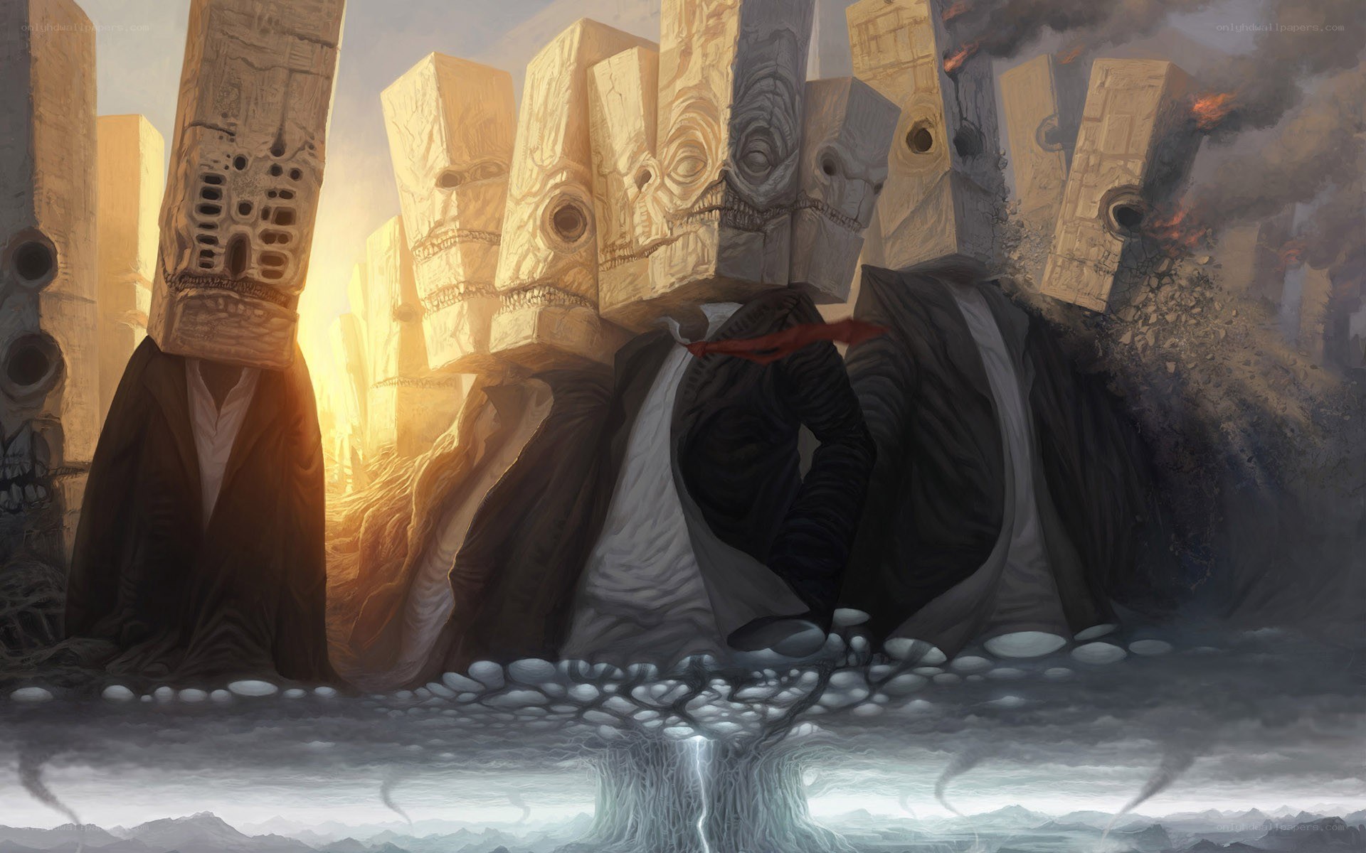 Sculpted figures in a desolate landscape