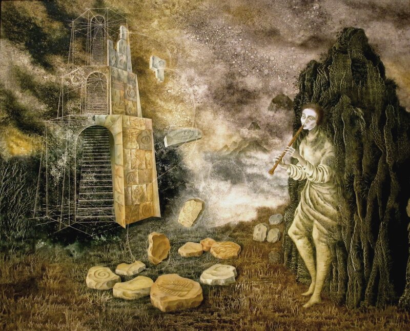 Sculpted landscape with flute player