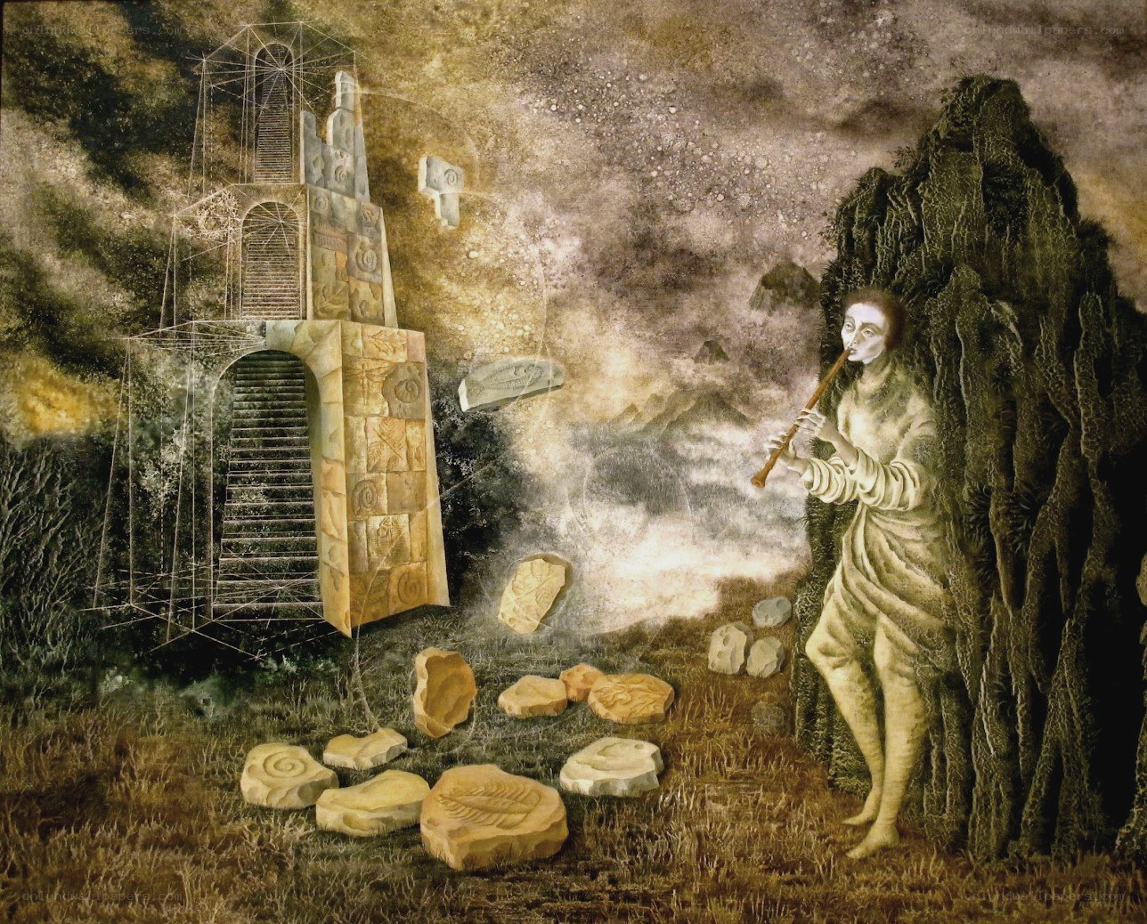 Sculpted landscape with flute player