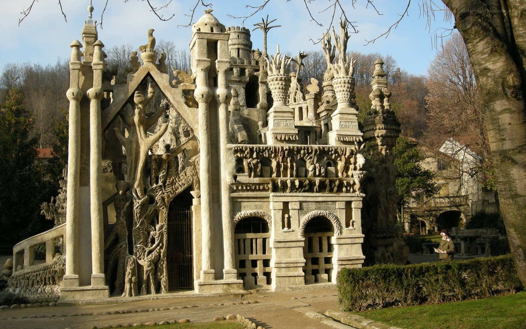 Sculpted stone gateway in a garden