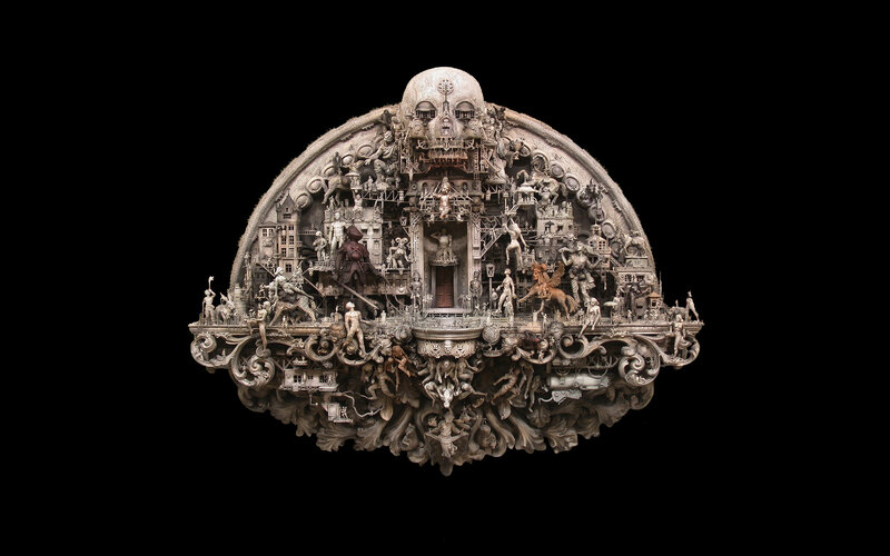 Sculptural cityscape with skull