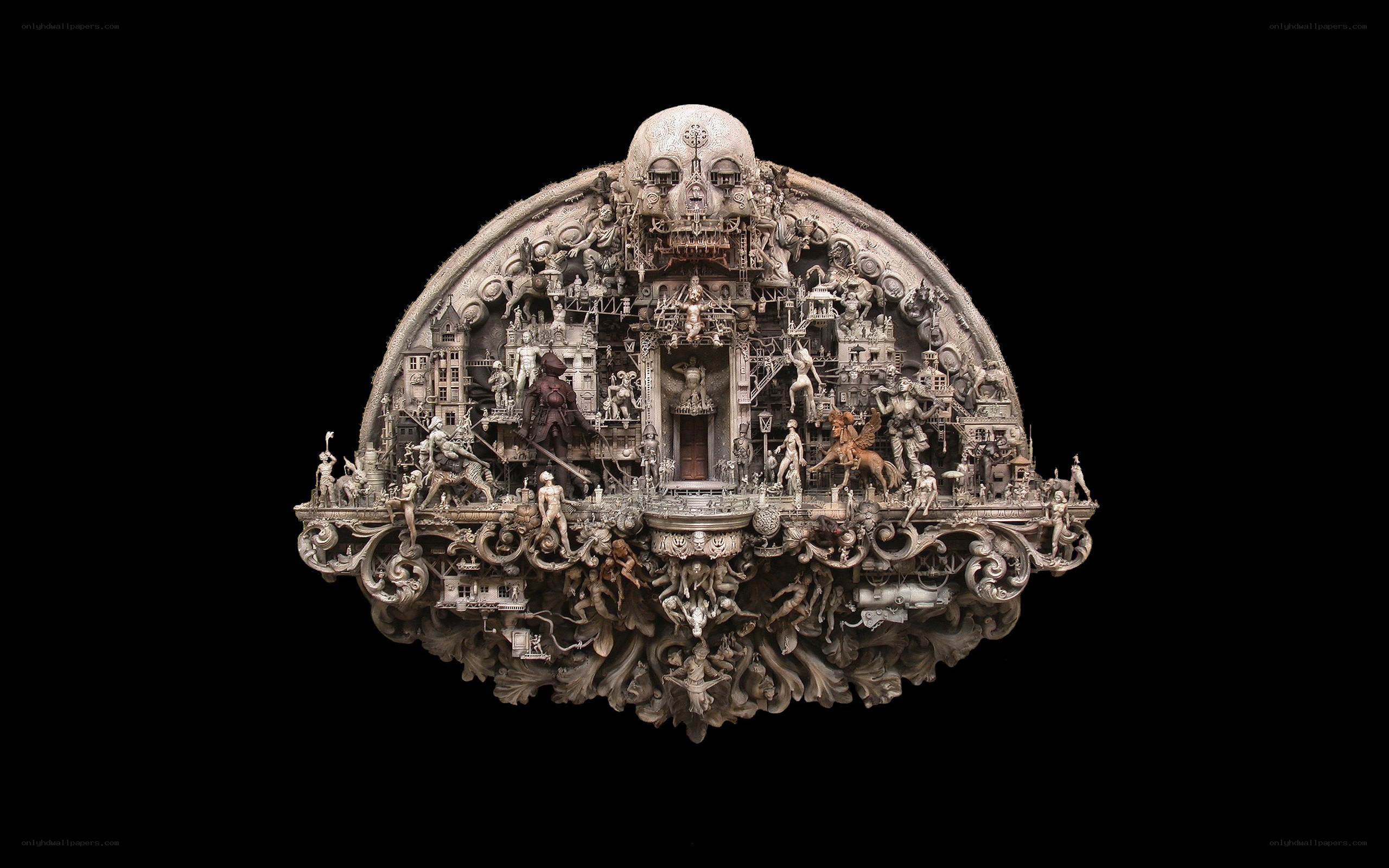Sculptural cityscape with skull