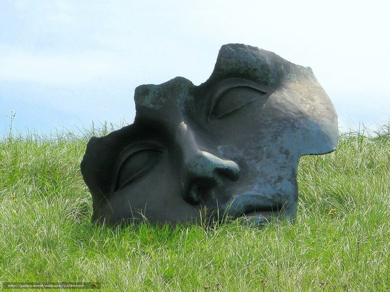 Sculpture of a face in grass