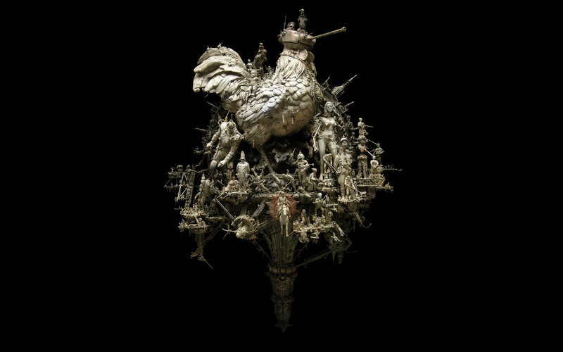 Sculpture of a rooster with figures