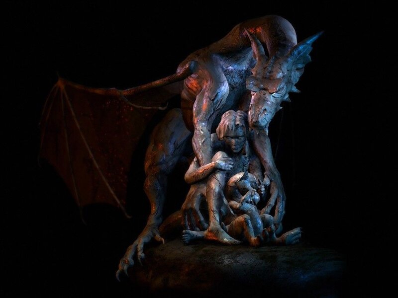 Sculpture of dragon with children
