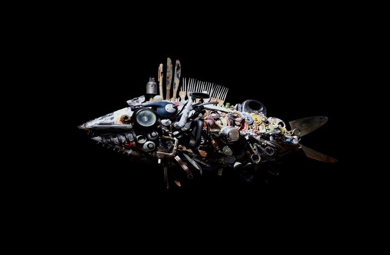 Sculpture of fish from recycled objects