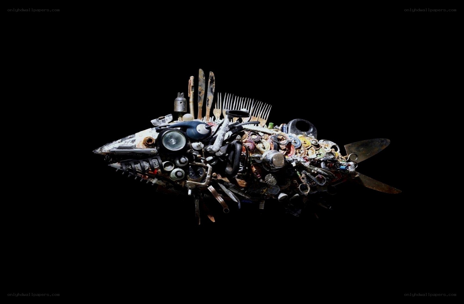Sculpture of fish from recycled objects