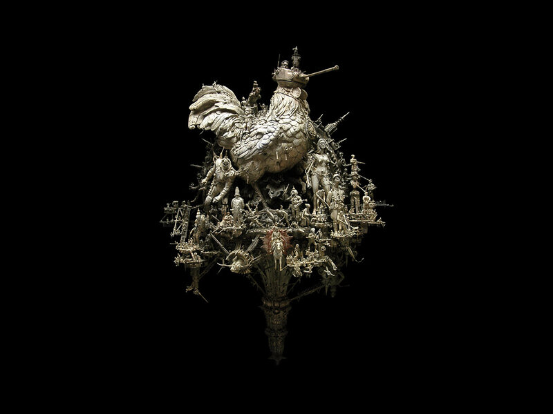 Sculpture of rooster with soldiers