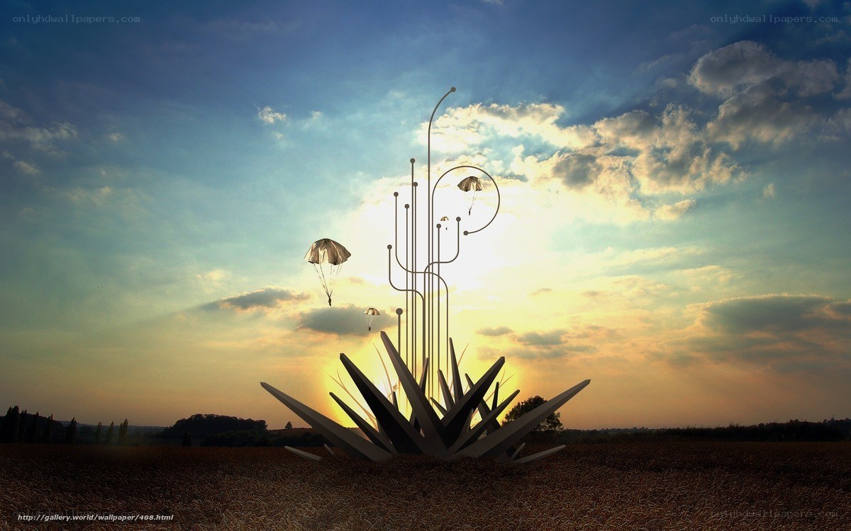 Sculpture with parachutes at sunset