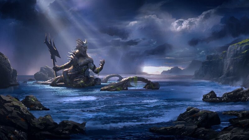 Sea god statue in stormy waters