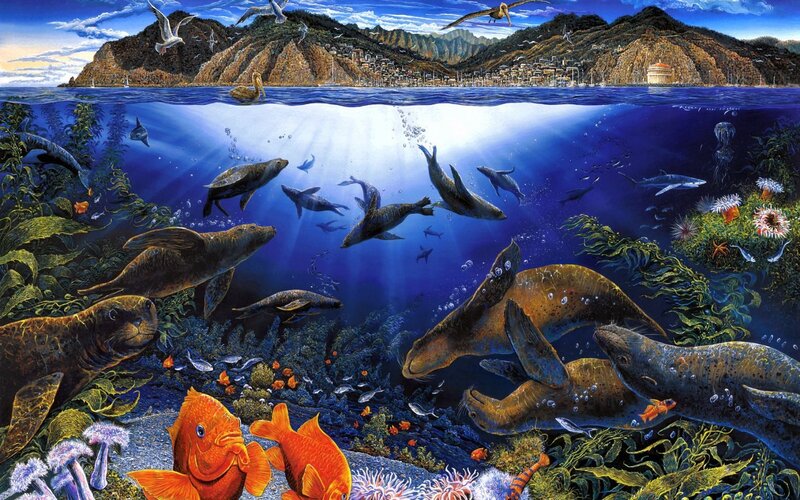 Sea Lions in Kelp Forest — Blue