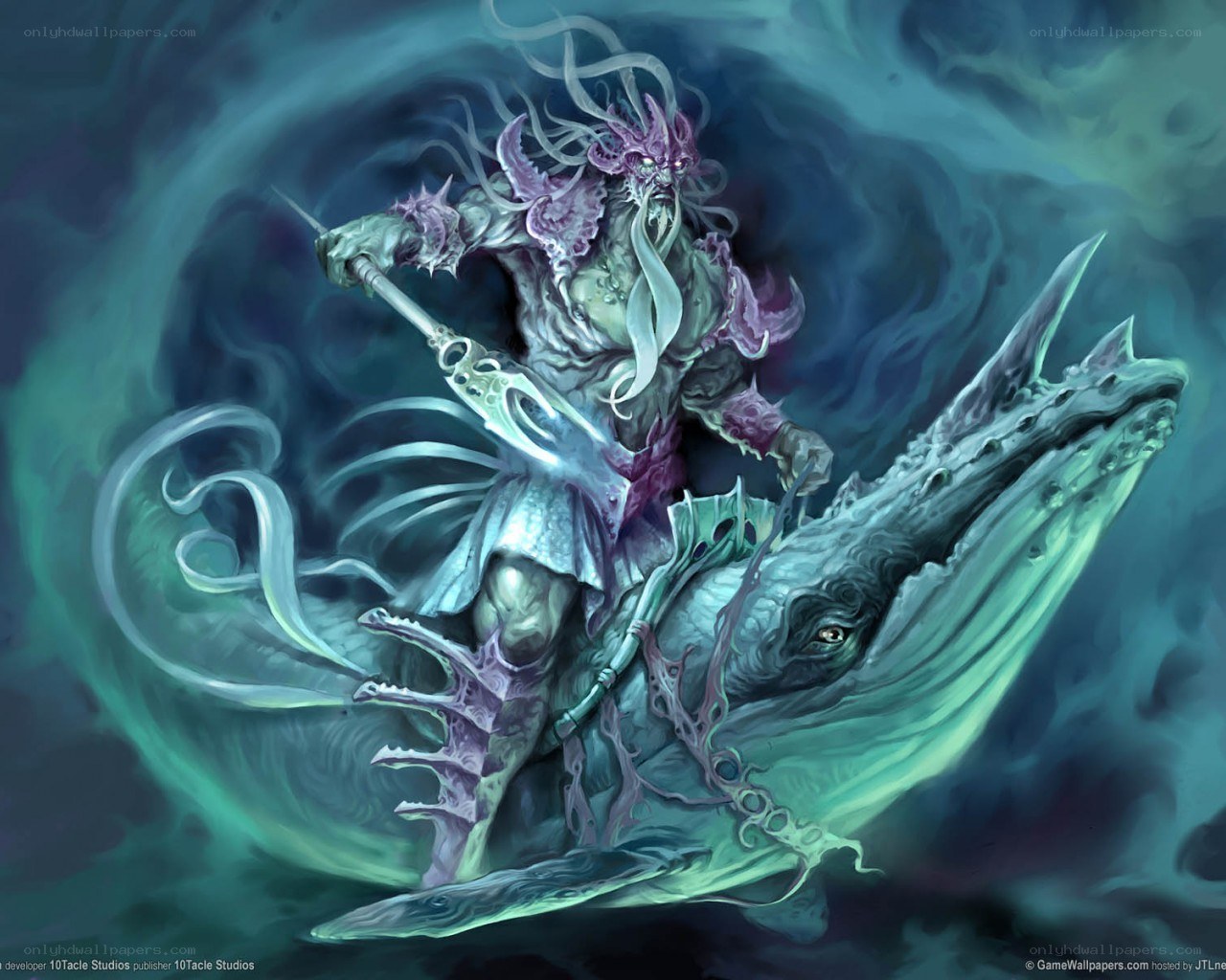 sea monster riding a whale