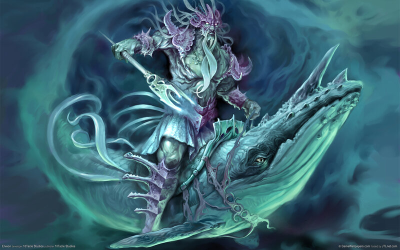 Sea Monster Riding Whale — Teal, Dramatic