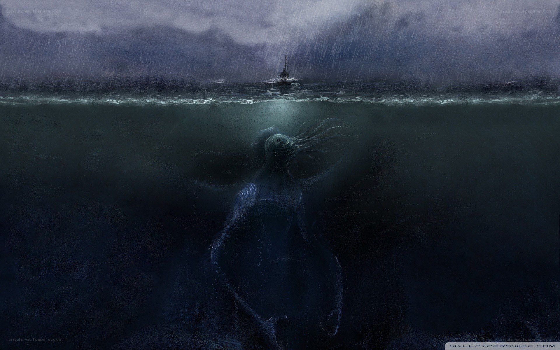 Sea monster under stormy sky