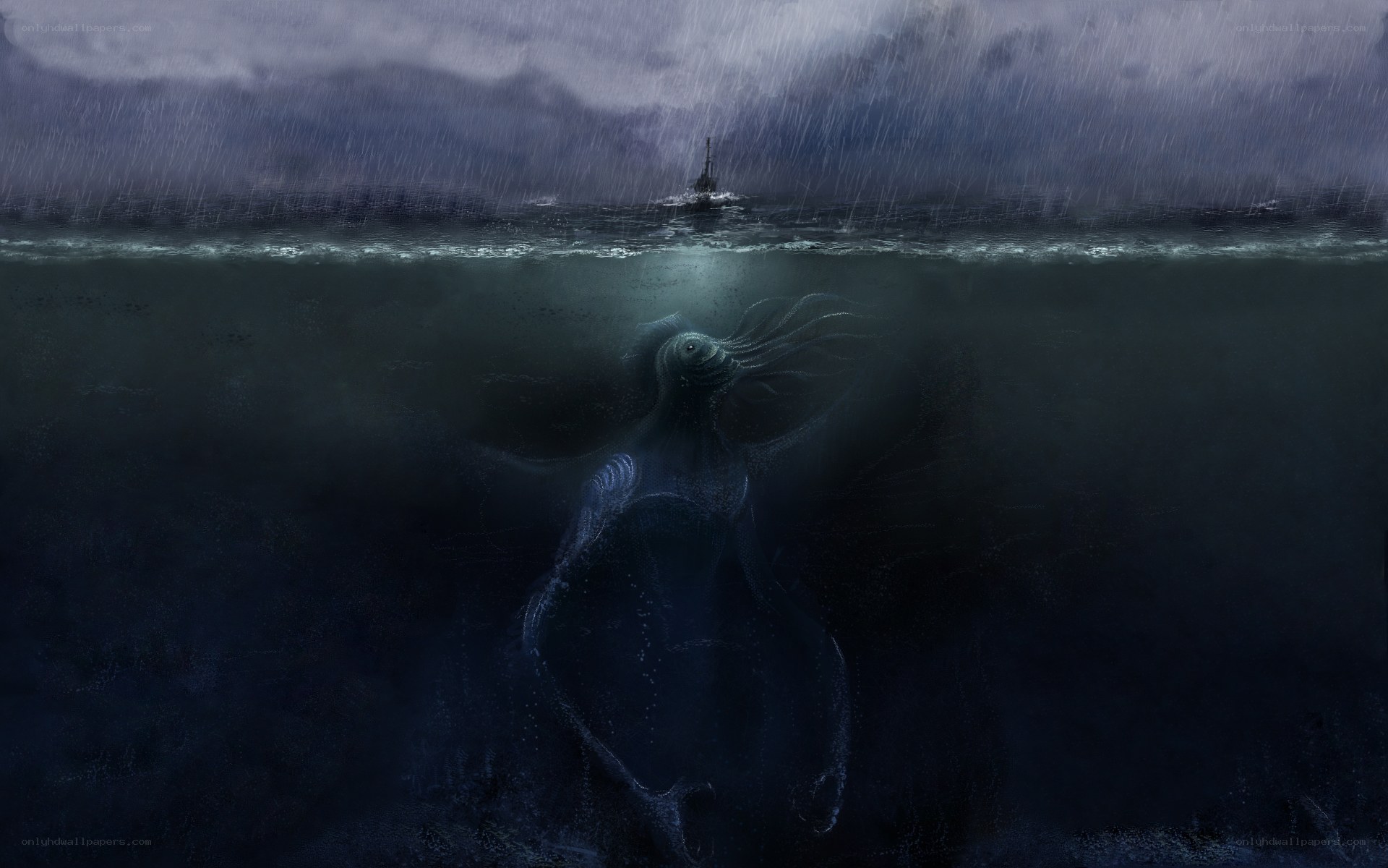Sea monster under stormy sky