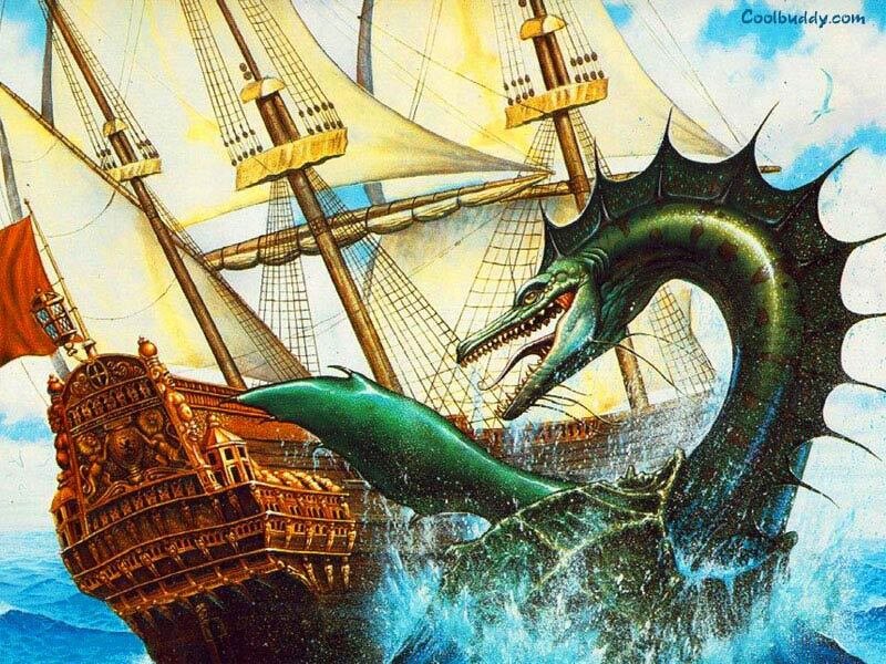 Sea Serpent Attacking Ship — Green