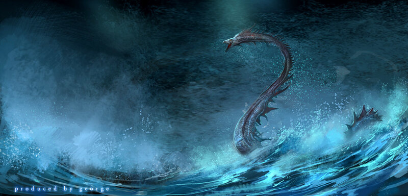 Sea serpent emerging from waves