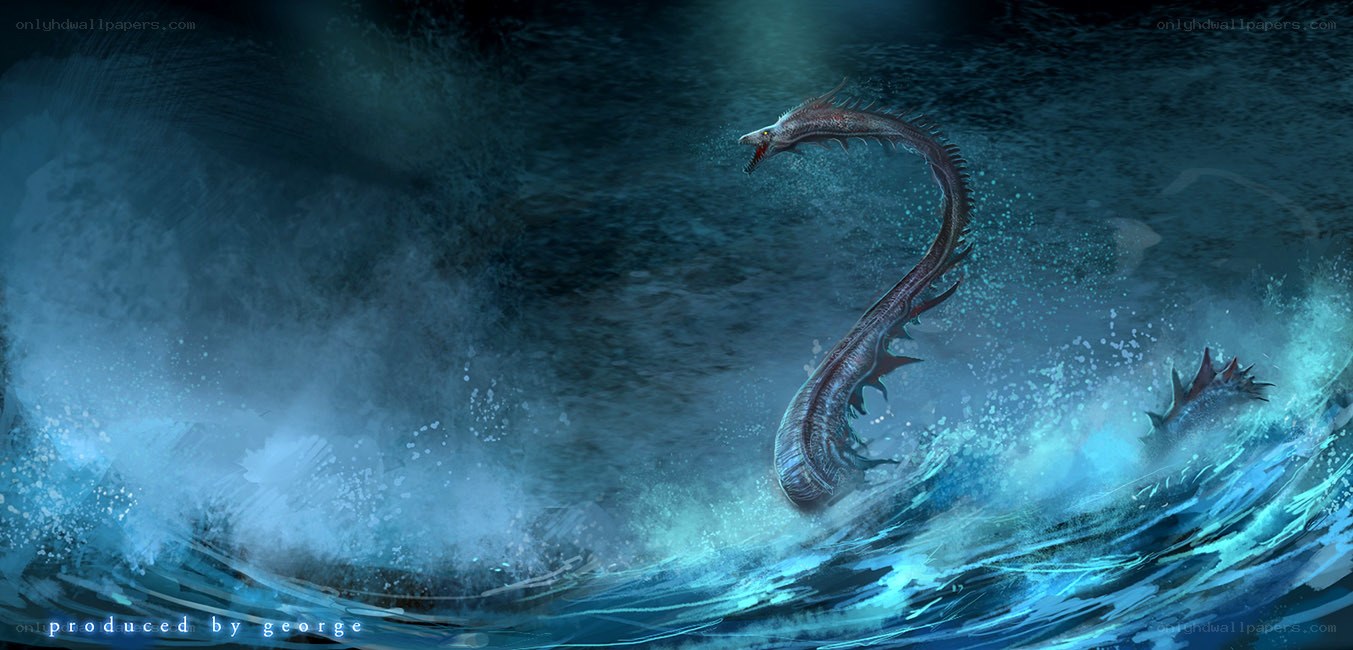 Sea serpent emerging from waves
