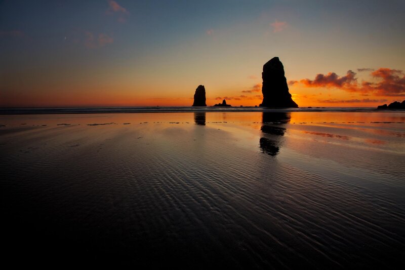 Sea Stacks at Sunset — Orange, Serene, Photograph, Ocean