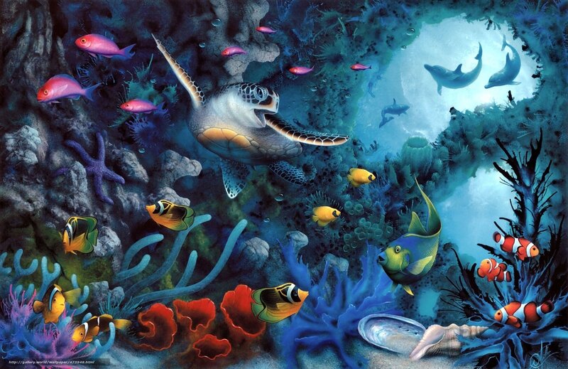 Sea Turtle in Coral Reef — Blue, Serene, Digital Art