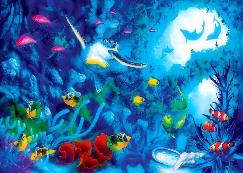 Sea Turtle in Coral Reef — Blue, Vibrant, Digital Art