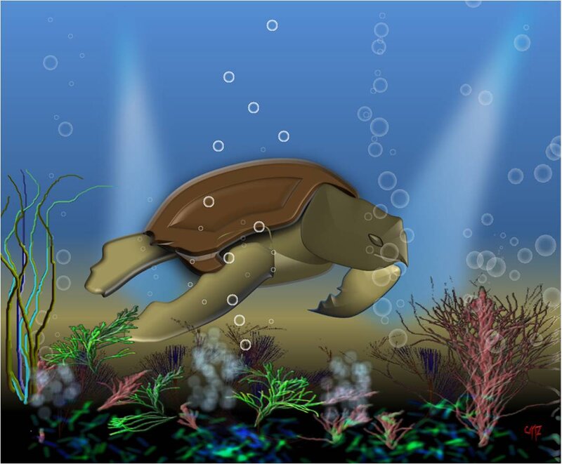 Sea Turtle Swimming — Blue, Serene, Digital Art, Bubbles