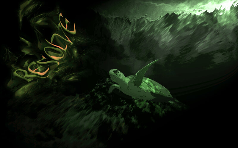 Sea Turtle Swimming — Green, Dramatic, Night