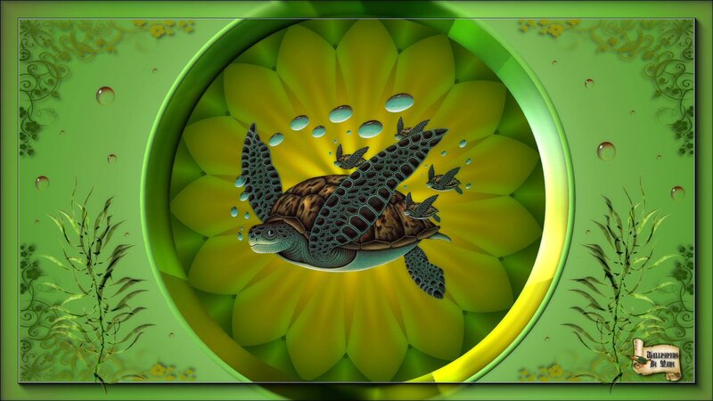 Sea Turtle Swimming — Green, Serene, Digital Art, Bubbles
