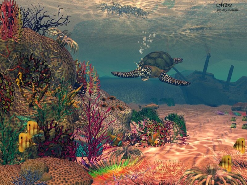 Sea Turtle Swimming — Green, Serene, Digital Art, Coral Reef