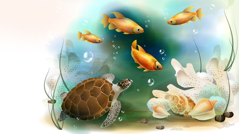 Sea Turtle Swimming — Green, Serene, Digital Art, Fish