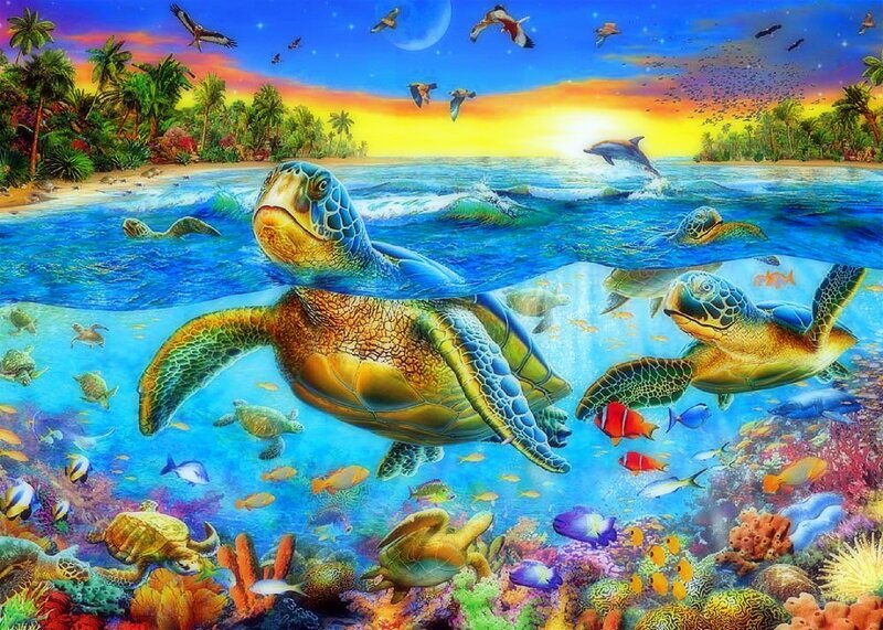 Sea Turtles Swimming — Blue, Vibrant