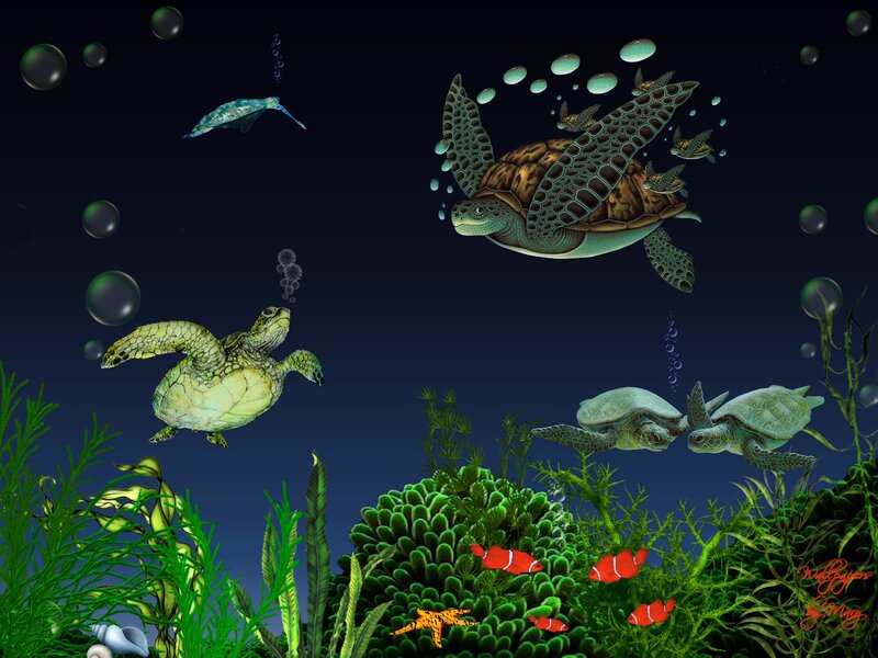 Sea Turtles Swimming — Green