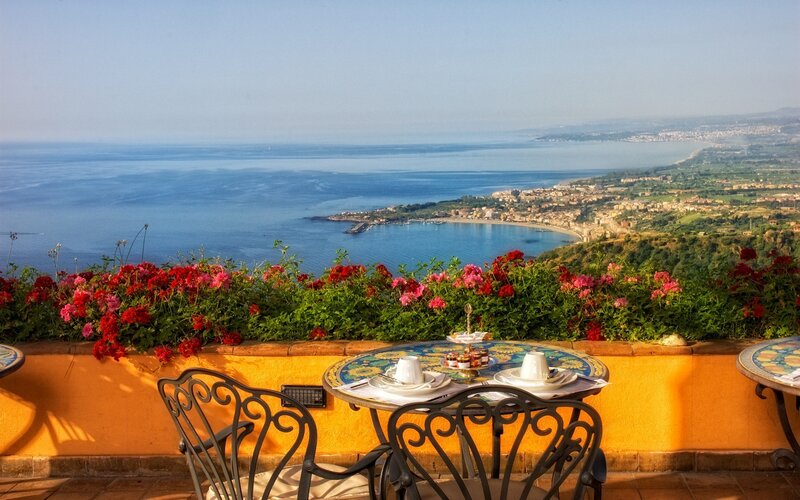 Sea view terrace with flowers