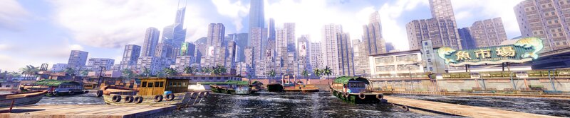 Seafood market in a city harbor