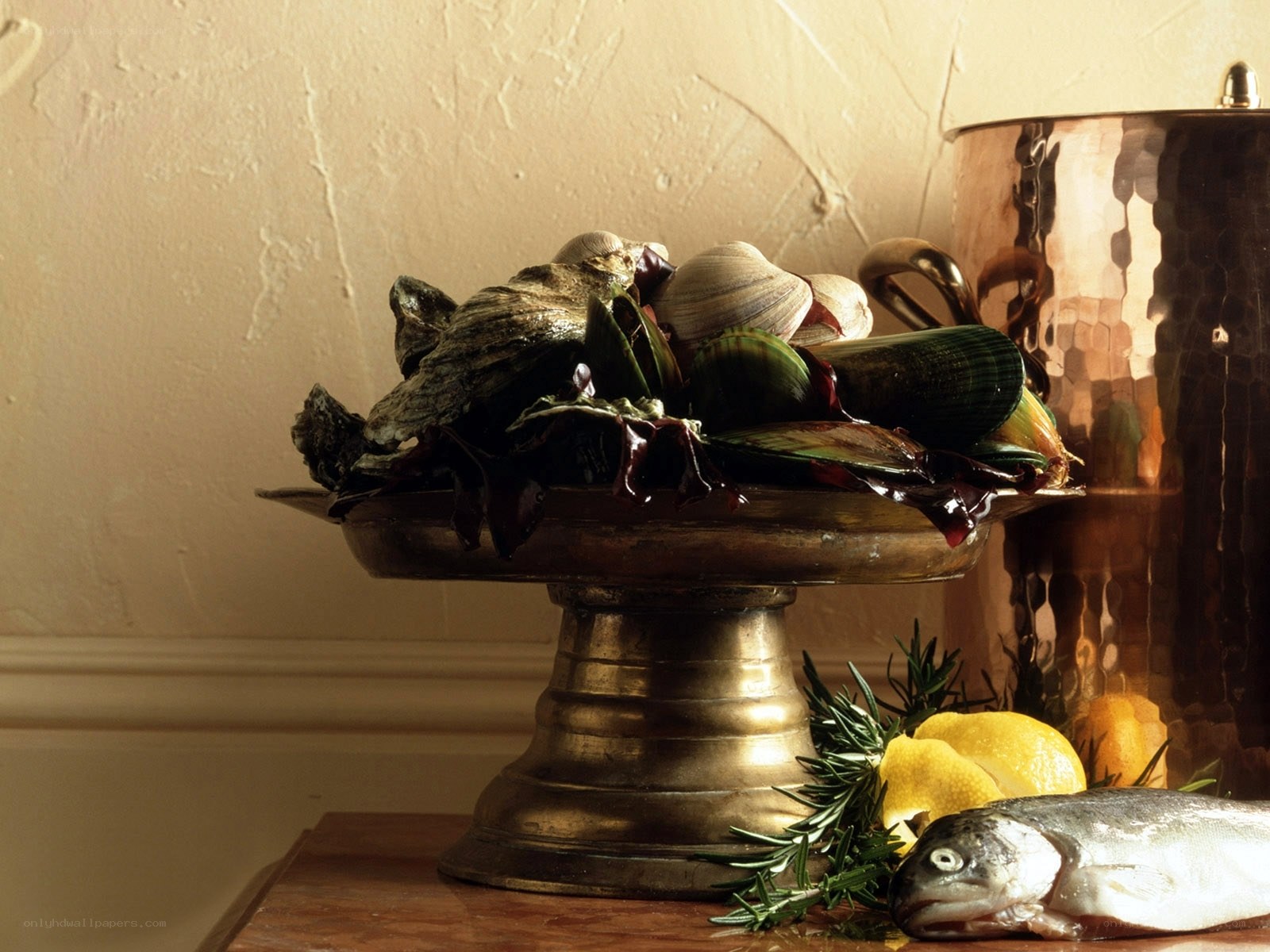 Seafood on a brass stand