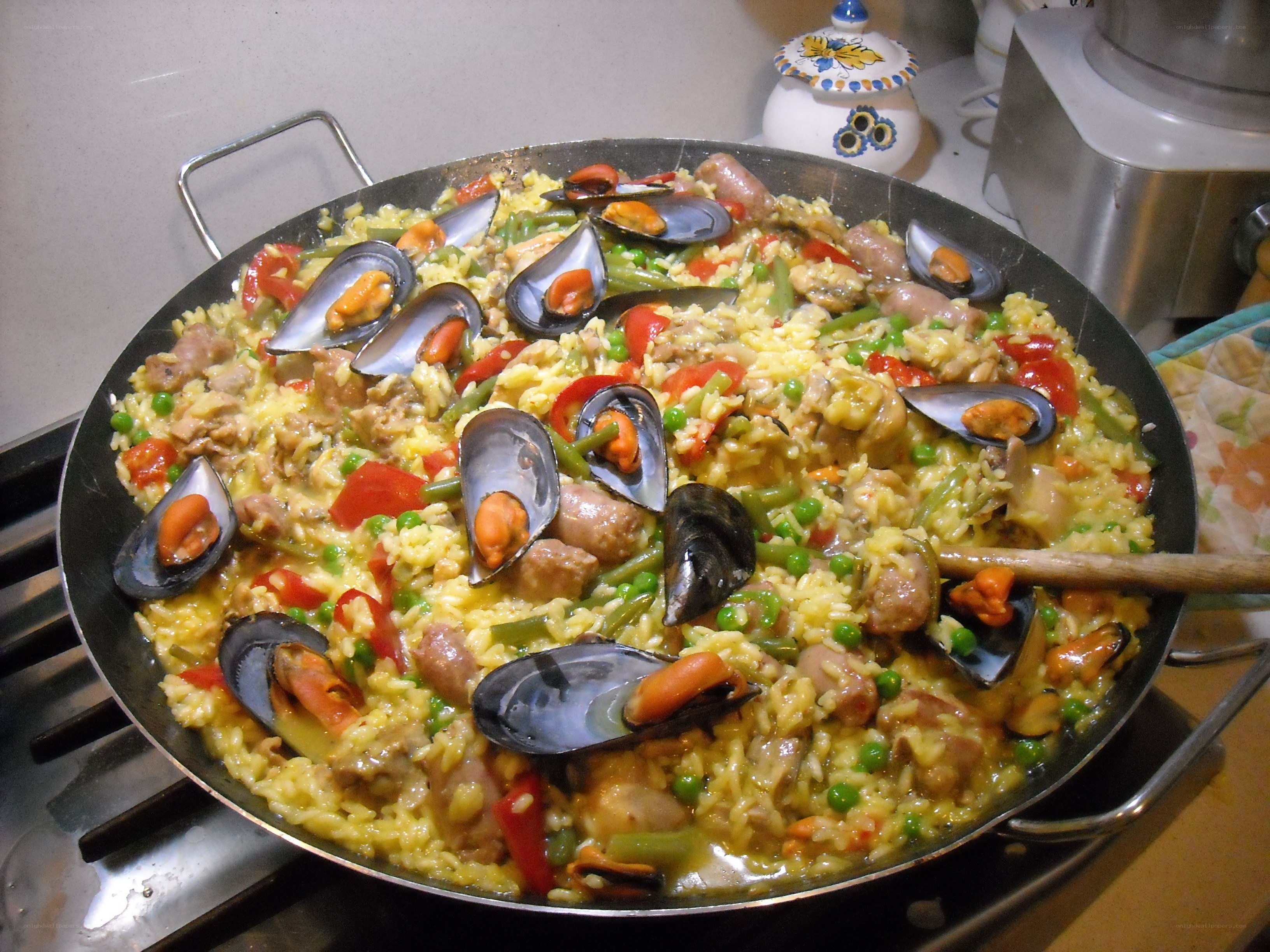 Seafood paella in a pan