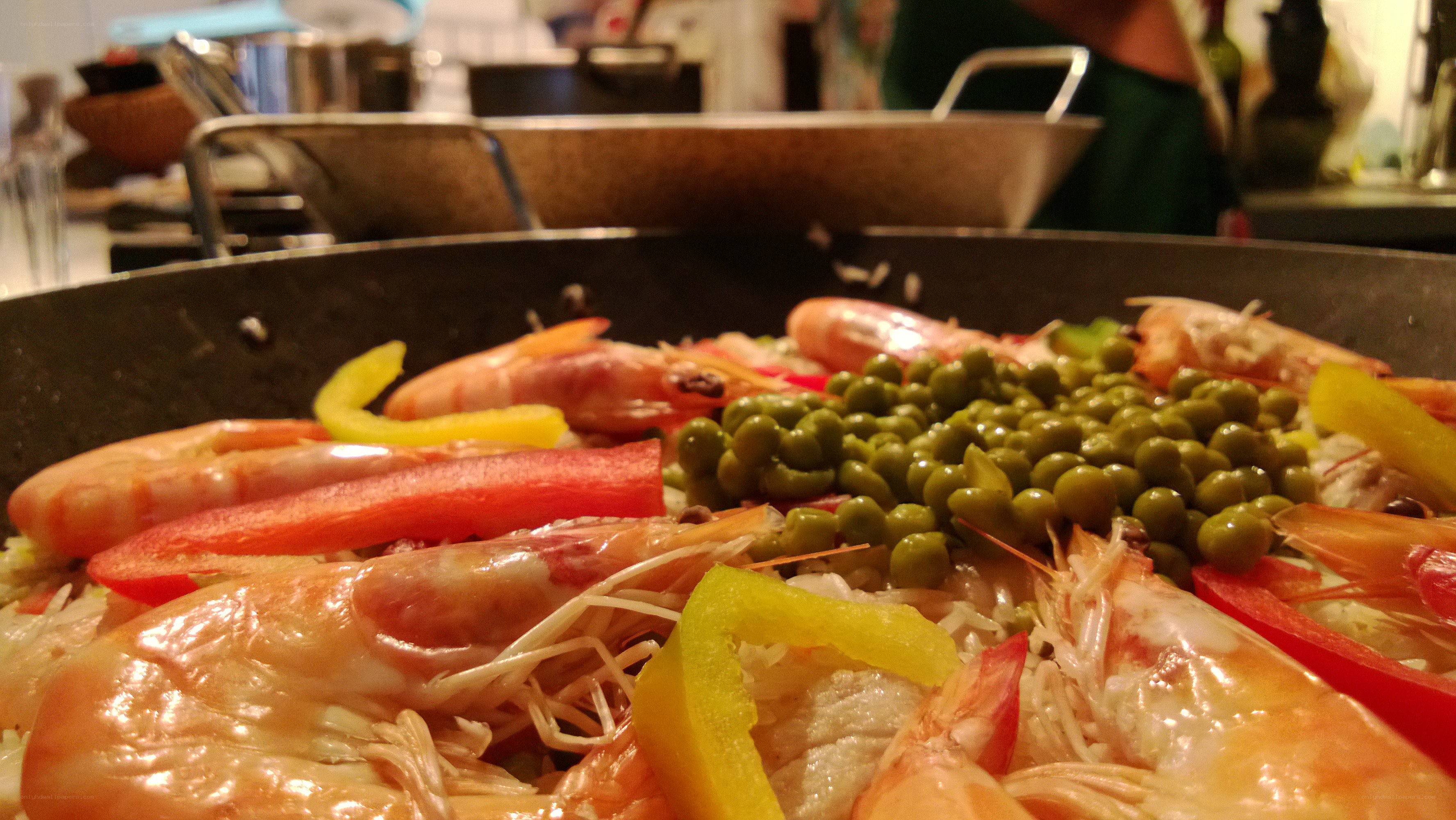 Seafood paella in a pan