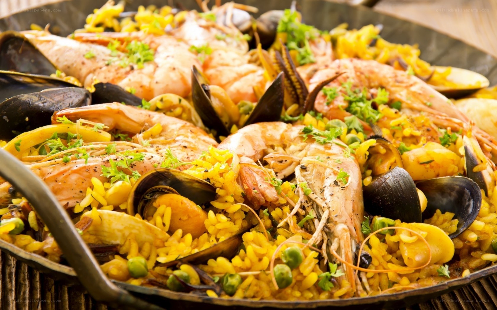 Seafood paella in a pan
