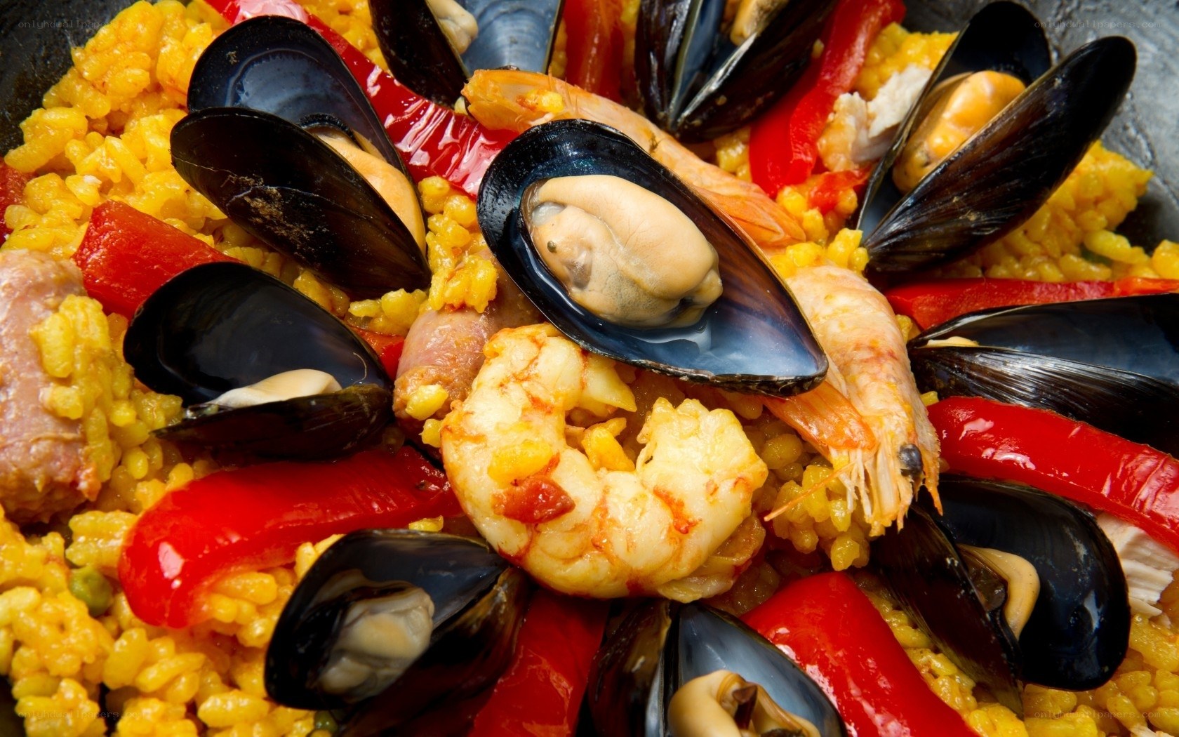 Seafood paella with mussels and shrimp