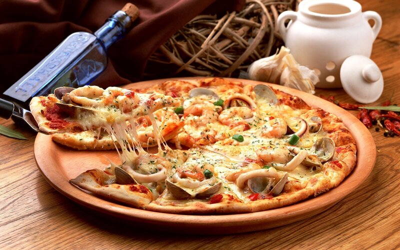 Seafood Pizza on Wood — Brown, Appetizing